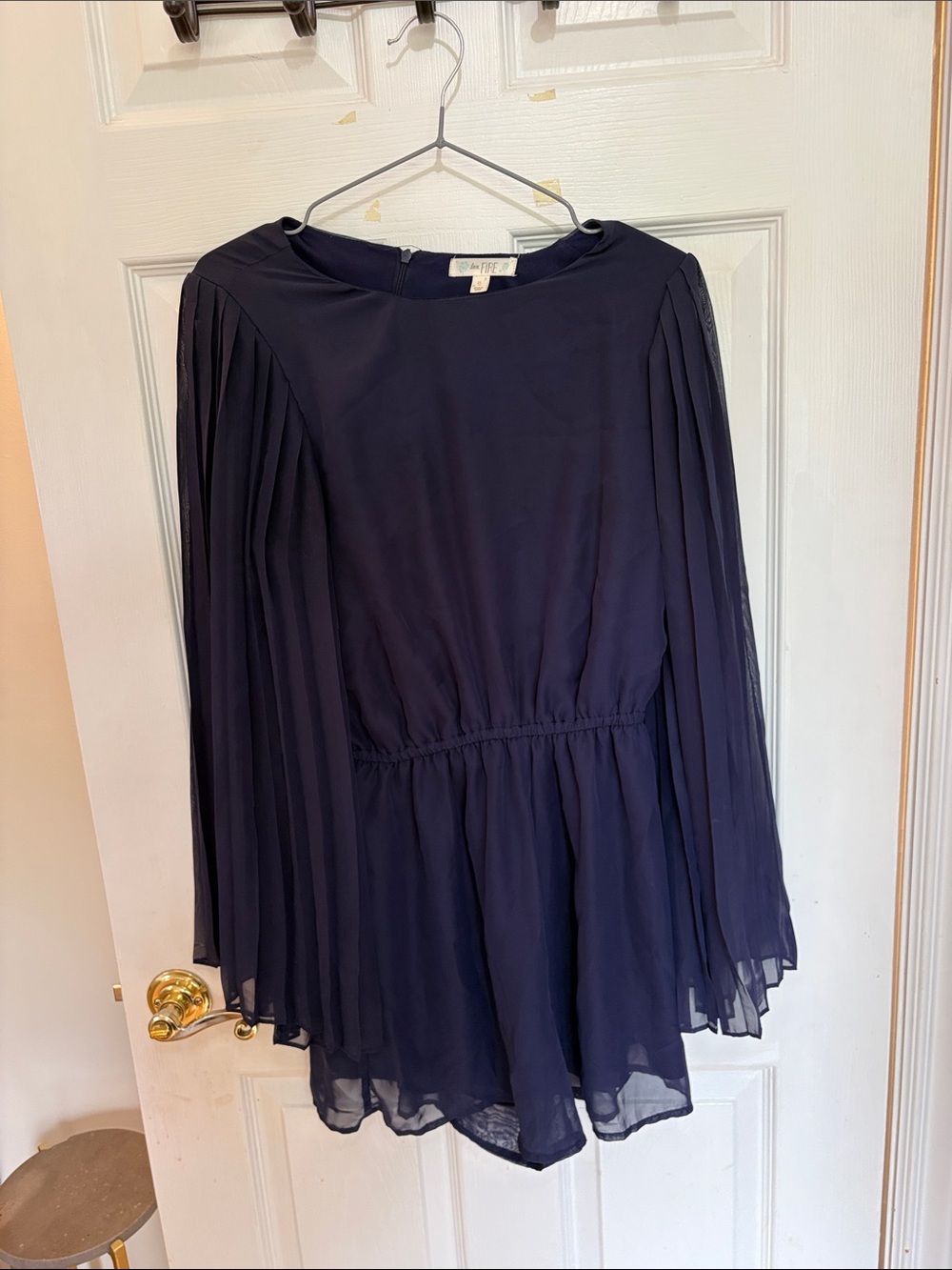 Pleated Long Sleeve Navy Chiffon Romper